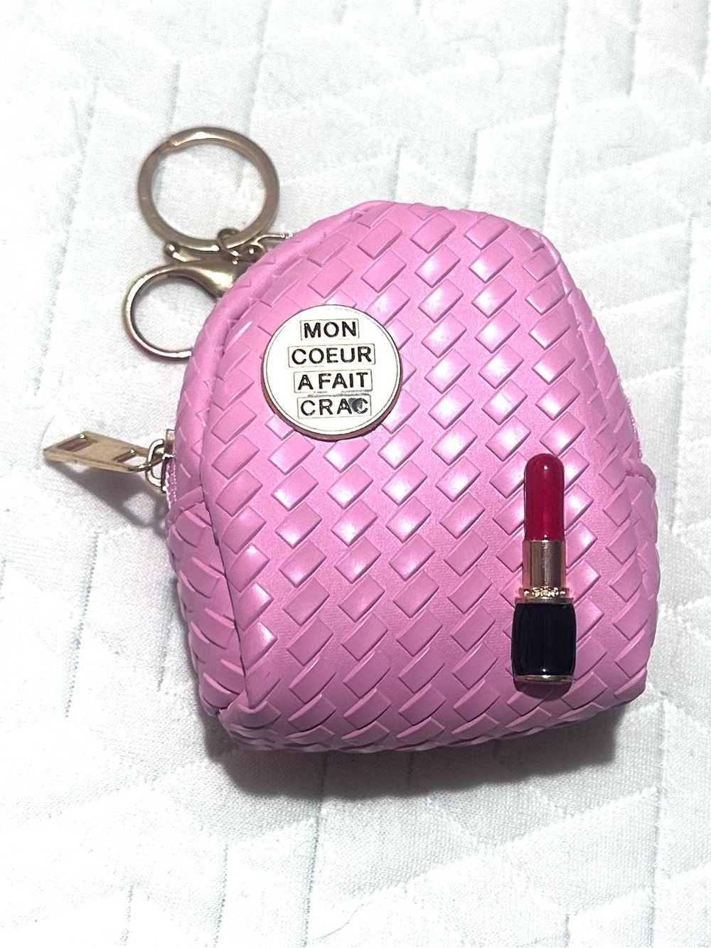 Bad Charm Pink  Woven Keychain Coin Pouch with Lipstick Charm